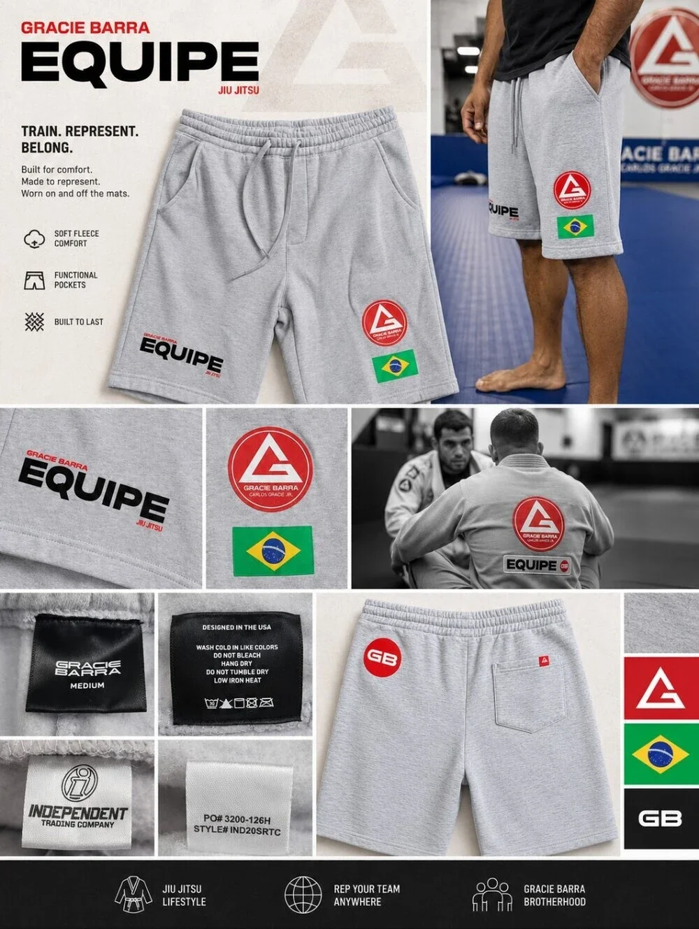Gracie Barra Equipe Jiu Jitsu Fleece Shorts Gray - M - Brazil BJJ